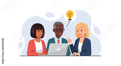 A diverse team of business professionals collaborates around a laptop, sharing innovative ideas and developing strategic solutions in a productive meeting.