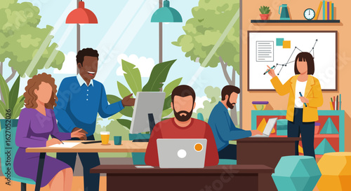 Diverse professionals engage in productive collaboration within a vibrant, modern office space designed for teamwork and innovation.