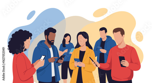 A diverse group of people is engrossed in their smartphones, showcasing modern digital communication and social networking in a connected world.