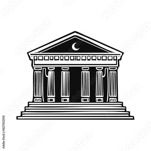 Classical Building Facade with Moon Emblem and Pillars