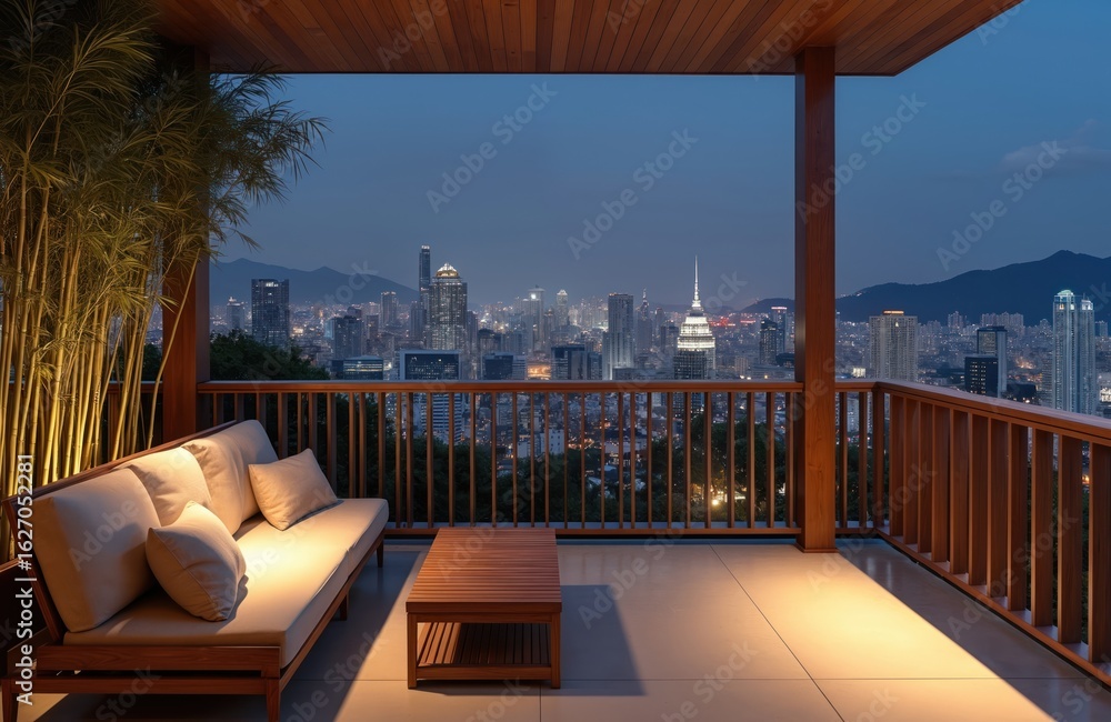 Fototapeta premium Modern hotel balcony offers stunning city skyline panorama at dusk. Features Japanese-inspired design with polished concrete floors, wood railings, comfortable linen lounge chairs. Perfect urban