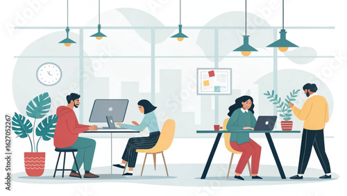 A diverse group of professionals collaborates efficiently within a bright, contemporary open-plan office space, fostering productivity and teamwork.