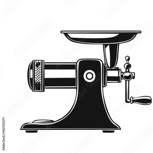 Black and white illustration of a vintage meat grinder, isolated.