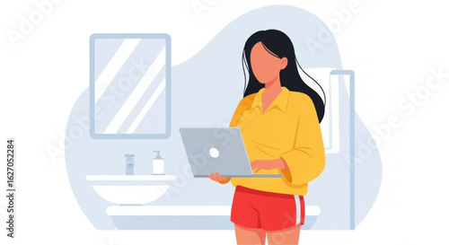 A young woman in casual attire works remotely on her laptop from the comfort of her modern bathroom, illustrating flexible work-from-home arrangements.