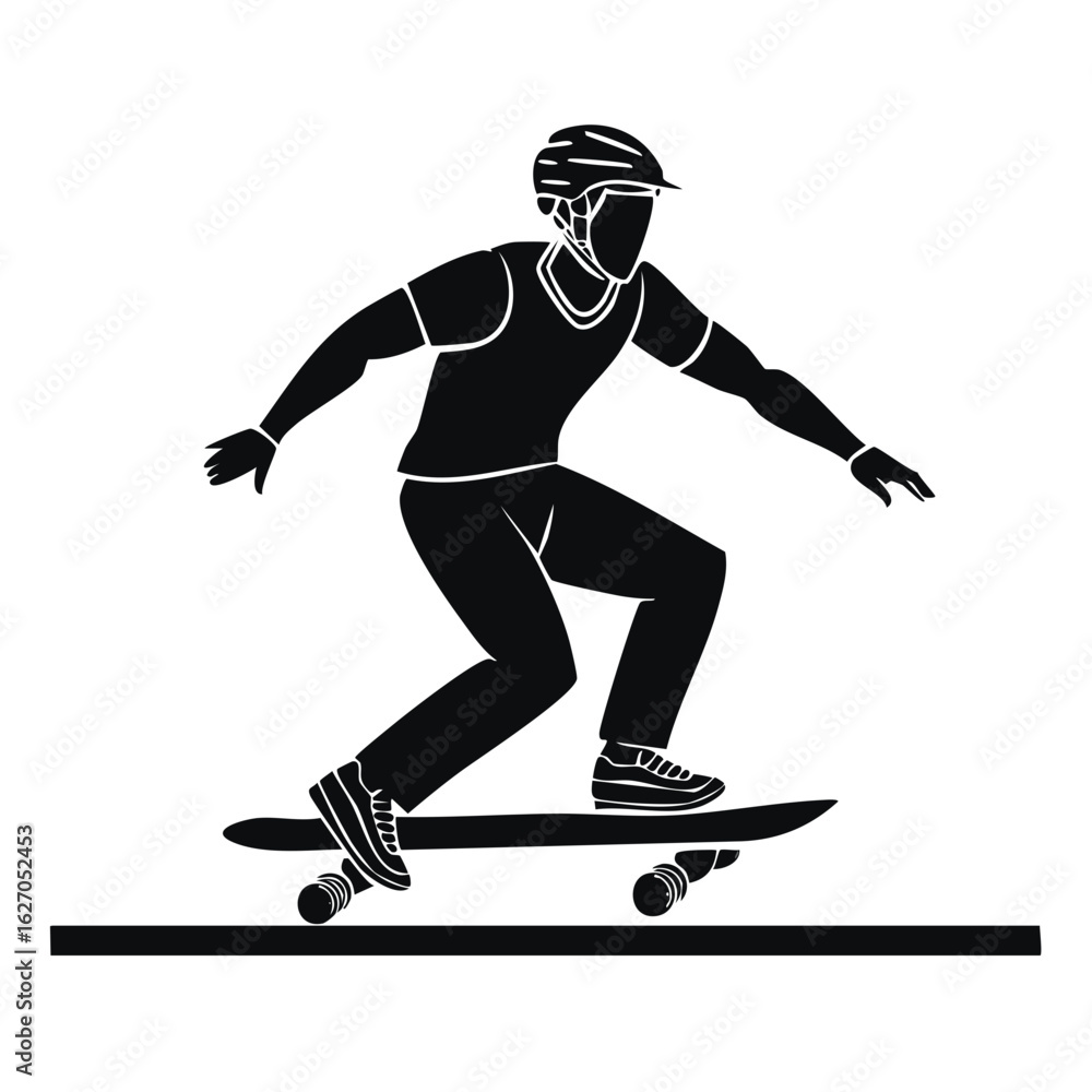 Obraz premium Dynamic black silhouette of a skateboarder wearing a helmet balancing on a moving board