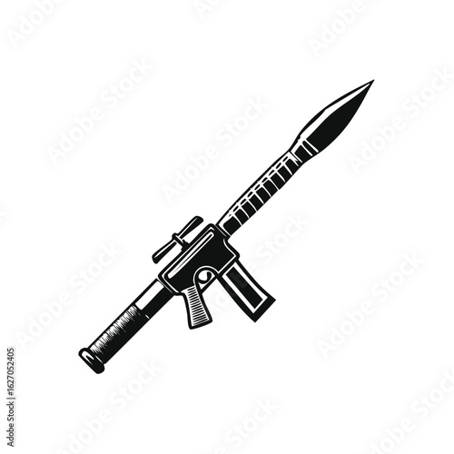 Military rocket propelled grenade launcher icon. Anti tank bazooka weapon vector illustration in retro style