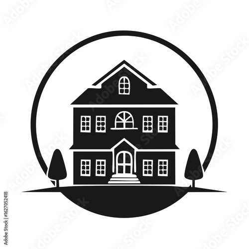 Classic Silhouette of a Three Story House with a Circular Border and Trees