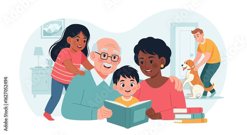 A heartwarming illustration depicts a diverse multi-generational family enjoying quality time together, reading a book at home, fostering learning and bonding.