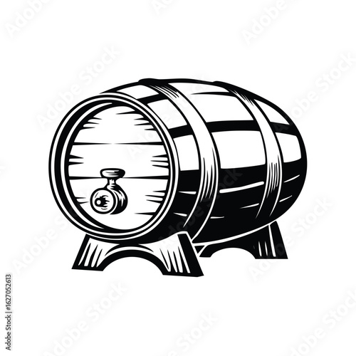 Wooden barrel illustration, black and white vintage symbol