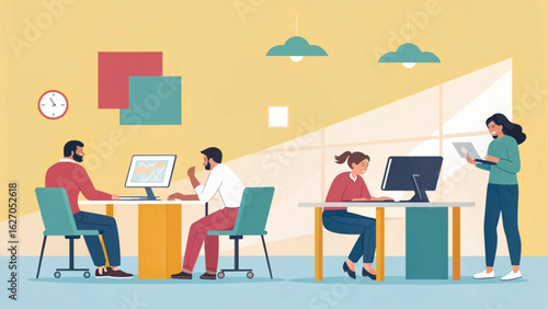 A diverse team of professionals collaborates efficiently in a modern, brightly lit open-plan office space, fostering productivity and innovation.