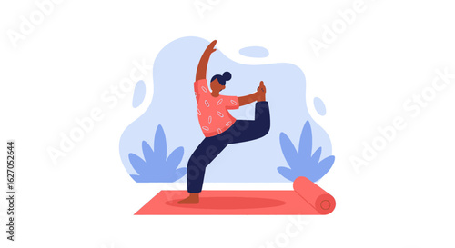 An illustrated person gracefully performs a challenging yoga pose on a mat, symbolizing balance, wellness, and a healthy lifestyle.