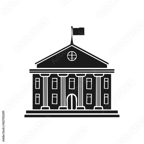 Official institutional building with classic columns and flag flat design vector icon silhouette