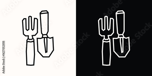 Garden Tools Icon in Black Line Art and White Line Art Cutout Style