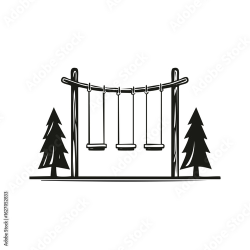 Playground swings and pine trees in black and white, vector illustration.