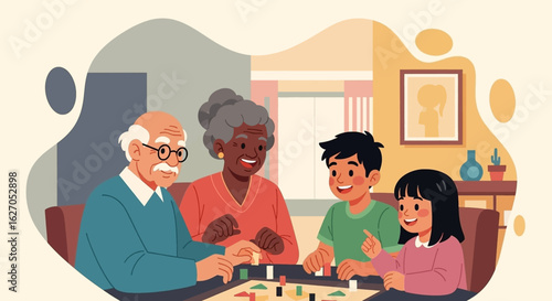 Multi-generational family enjoying a board game together indoors, fostering connection and shared leisure time at home.