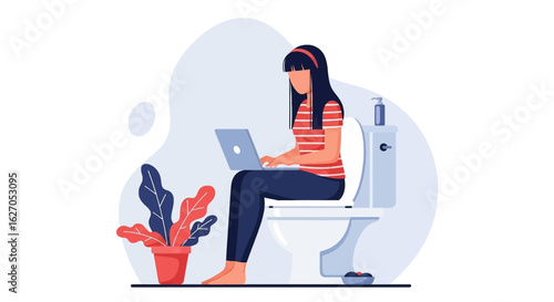 A young woman sits on a toilet in a bathroom, diligently working on her laptop, illustrating the concept of multitasking or remote work from home.