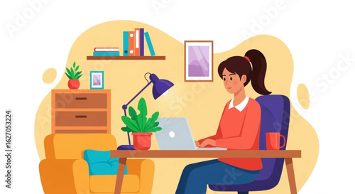 A young woman works remotely from home on her laptop, sitting at a desk in her colorful, modern living room, managing tasks and staying productive.