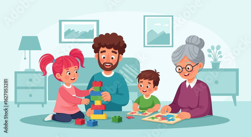 A delightful multi-generational family, including a father, grandmother, and two children, happily plays with blocks and puzzles together in a cozy home setting.