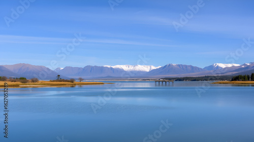 View of Lake with mountains in the background and pier. Brava Bay in Villa La Angostura. Patagonia Argentina