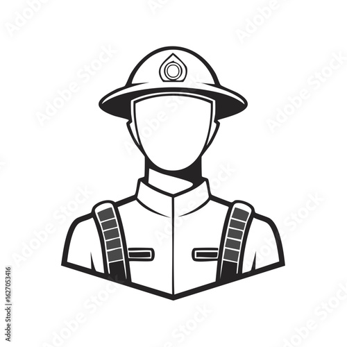 Vintage firefighter portrait icon. Faceless emergency responder in uniform. Black and white line art.