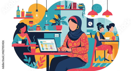 Diverse group of women working and socializing in a modern, vibrant cafe setting, promoting collaboration and community.