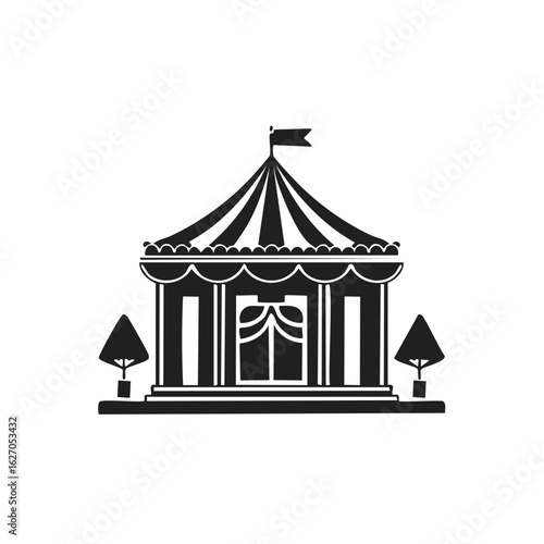 Vintage Circus Tent with Flag and Trees, Black and White Silhouette