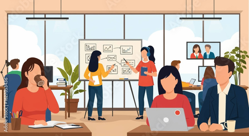 A diverse group of professionals actively collaborates and works in a vibrant, modern open-plan office environment, fostering productivity and teamwork.