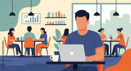A focused young man works diligently on his laptop in a modern, stylish cafe, illustrating the growing trend of remote work and flexible office environments.