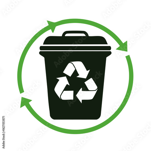 Trash can with recycling symbol inside green circular arrows for environmental care and waste reduction