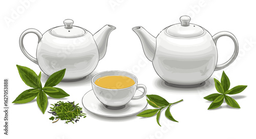 Herbal green tea composition with white porcelain teapots, a cup of hot beverage, fresh leaves, and dried loose leaf tea illustration.