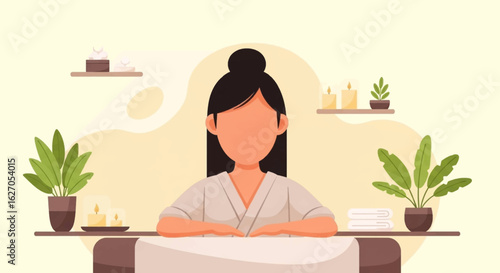 An illustration of a serene woman in a spa robe, surrounded by relaxing elements like candles and plants, perfect for wellness and beauty concepts.