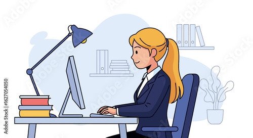 A professional blonde woman diligently works on her computer at a desk, illuminated by a lamp, showcasing productivity and remote work.