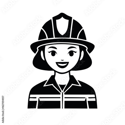 Female Firefighter Avatar in Protective Helmet and Uniform, Black and White Vector