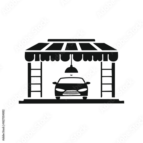 Car wash station graphic icon. Auto under canopy with hanging light. Vehicle service silhouette.