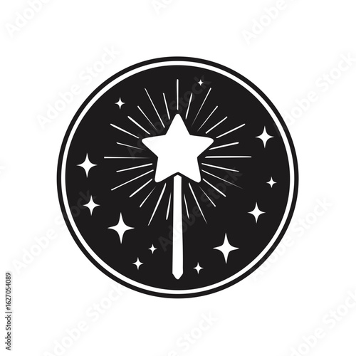 Wand with star tip and sparkling stars in black and white, vector illustration