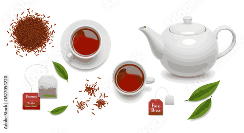 A comprehensive set of realistic tea service items, including a white porcelain teapot, teacups, and various types of tea.
