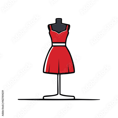 Fashion Red Dress on Mannequin Illustration, Minimalist Clothes Designer Concept, Garment on Stand