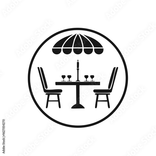 Restaurant patio icon with a table for two, chairs, and an umbrella, symbolizing outdoor dining or a cafe