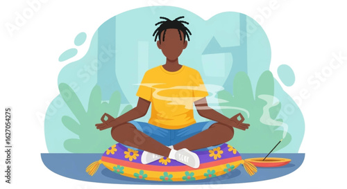 A calm person with dreadlocks finds deep inner harmony and relaxation while practicing mindful meditation in a tranquil, serene setting.