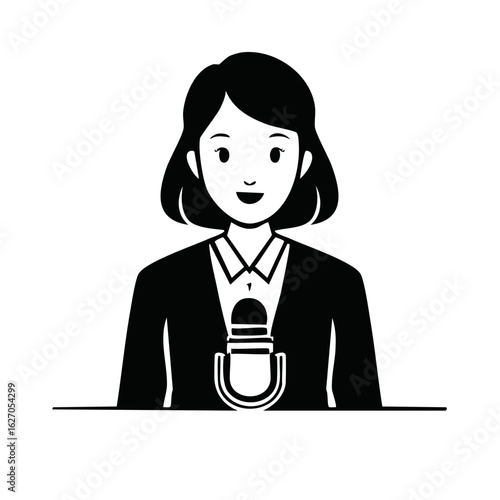 Presenter, speaker, interviewer cartoon illustration with microphone, professional person black and white vector image
