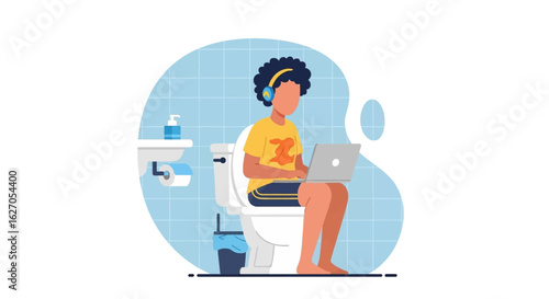 A person wearing headphones is depicted sitting on a toilet, diligently working on a laptop, symbolizing the pervasive nature of remote work and modern multitasking.