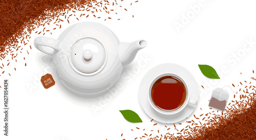 Top-down view of a classic white teapot and a cup of aromatic black tea, surrounded by loose leaves. Vector illustration.