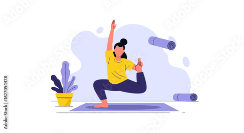 An illustration depicts a woman gracefully performing a challenging yoga pose on a mat, symbolizing wellness, balance, and a healthy active lifestyle.