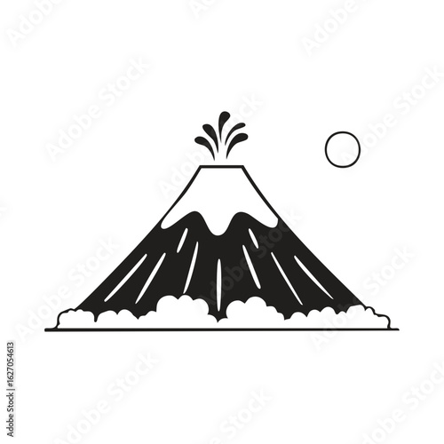 Simple graphic line art of a volcano erupting with lava flow and snow cap