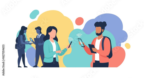 Modern individuals engage in seamless digital communication and online social networking through various mobile devices, highlighting global connectivity.