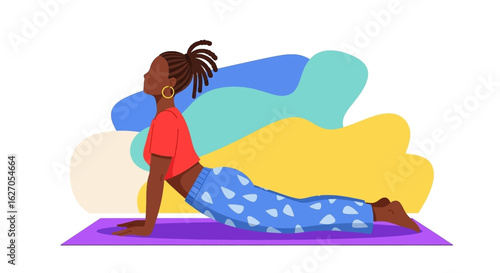 A young Black woman with dreadlocks is doing a cobra pose on a yoga mat against an abstract background, demonstrating a healthy and active lifestyle.