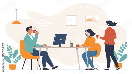 Diverse colleagues share a relaxed coffee break and casual conversation in a modern, collaborative office, fostering positive teamwork and productivity.