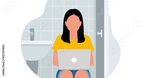 A contemporary vector illustration portrays a young woman engrossed in her laptop while seated on a toilet, highlighting modern digital work habits and personal space.