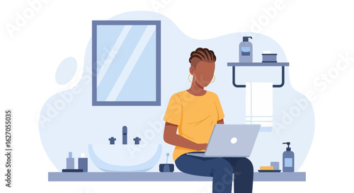 A young man with braided hair sits on a modern bathroom counter, intently using his laptop, highlighting the convenience and flexibility of remote work.
