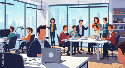 Diverse professionals actively collaborate and work efficiently in a vibrant, modern open-plan office, fostering a dynamic and productive business environment.